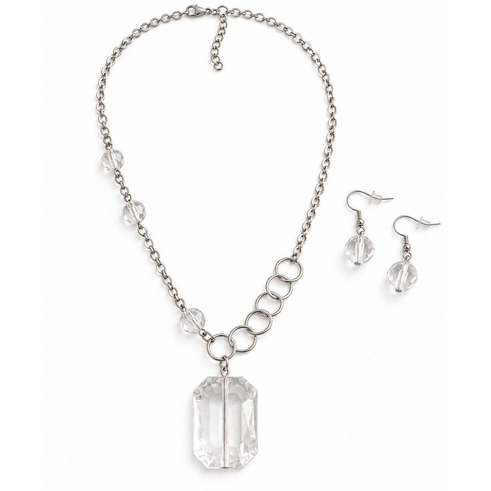 Y2K Silver Tone Clear Lucite Pendant Necklace Earrings Set Asymmetrical - Picture 2 of 7